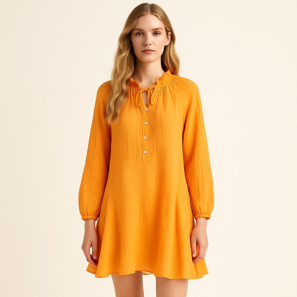 Magaschoni Sz L Orange Gauze‎ 100%  Cotton Beach Dress Cover Up Party Boho Flowy